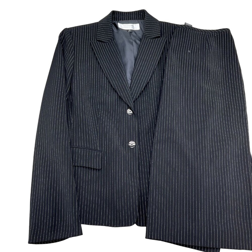 Tahari ASL Skirt Suit Women 6 Black White Pinstripe Peak‎ Classic 2pc VTG